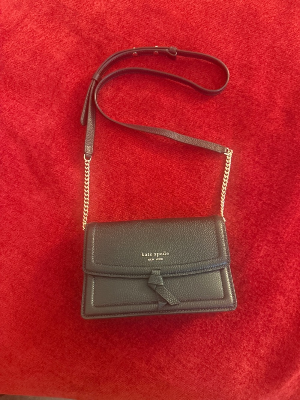kate spade Black Pebbled Leather Flap Crossbody with Gold Chain